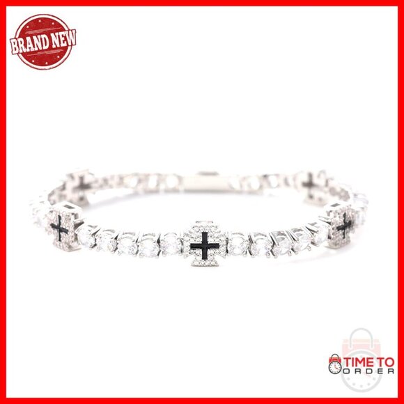 Jewelry - Unisex White Gold Plated Tennis Bracelet with Cross Design 7 Inch